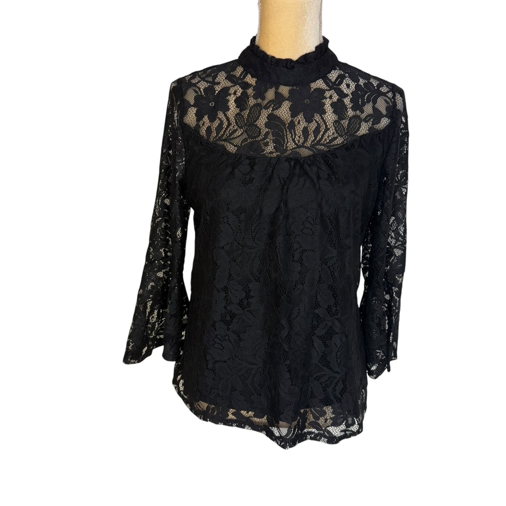 Black‎ Lace Mock Neck Bell Sleeve Women's Blouse Top L Whimsigoth Witchy